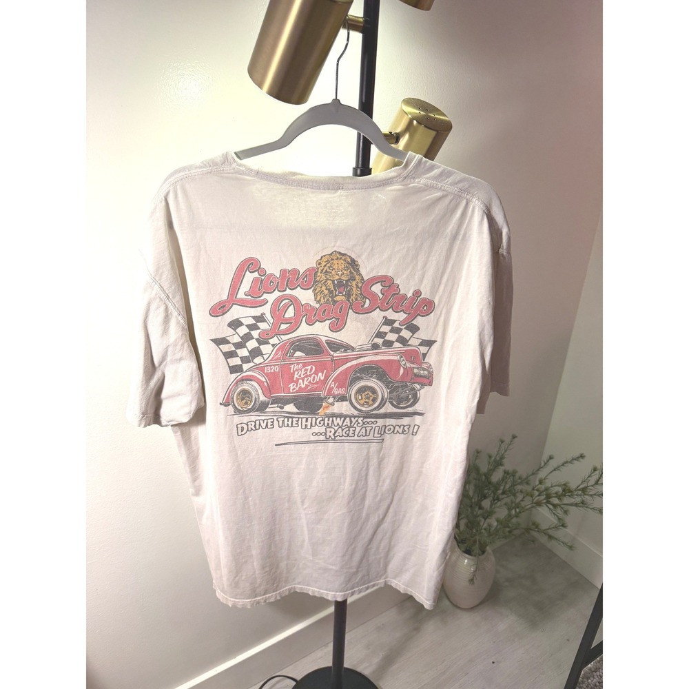 Malibu Shirts Lions Drag Strip Red Baron‎ Graphic Tee Mens Large Cream Race Soft